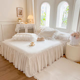 Qfdian 4/6Pcs White Pink 100% Cotton Princess Wedding Bedding Set Three Layers White Chiffon Lace Duvet Cover Set Bed Skirt Pillowcases