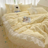 Qfdian  Fashion Lattice Bedding Set Bed Sheet Cute Princess AB Double Sided Ruffle Flower Quilt Cover Pillowcase Bedclothes Home Textile