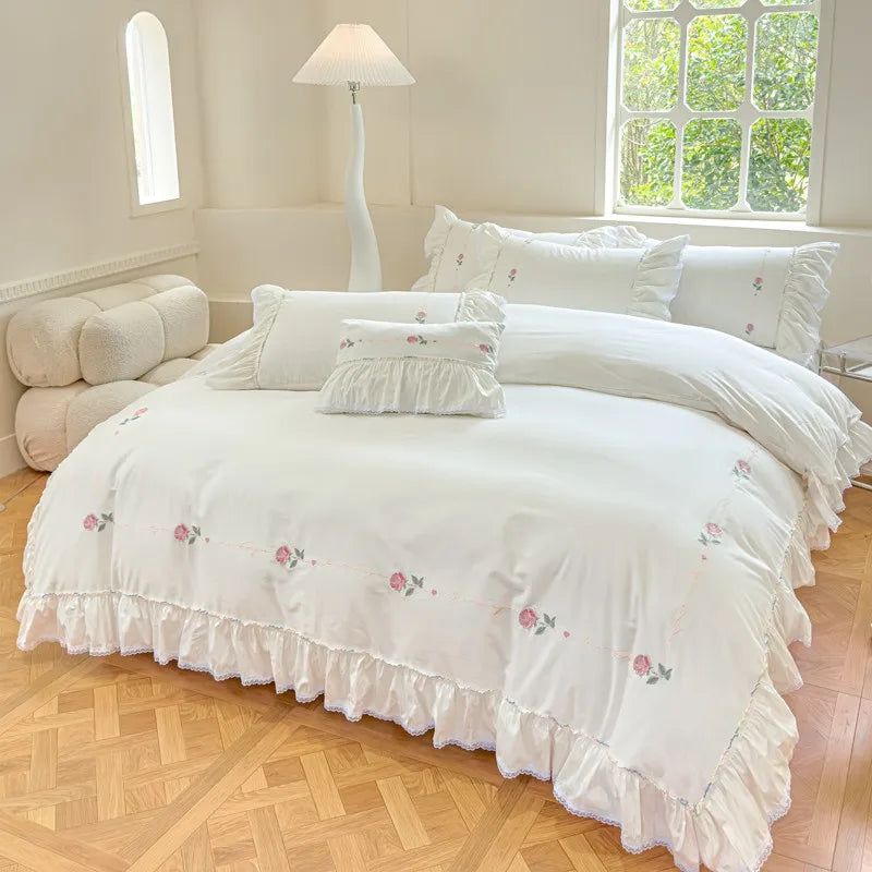 White Shabby Ruffle Duvet Cover Bedskirt Pillowcases 100%Cotton Ultra soft Farmhouse Chic Embroidery Bedding Comforter Cover