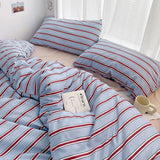 Qfdian  Simple Style Red And Blue Strip Duvet Cover Set Bed Sheet Set Washed Cotton Bedding Set