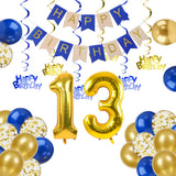 Qfdian  Royal Blue Gold 13th Birthday Decorations Happy Birthday Banner Swirls with Number 13 Foil Latex Balloon 13 Year Old Party Decor