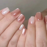 Qfdian  24pcs Smudging Blush Pink Fake Nail Tips Shiny Sequins Gentle False Nails For Women Girls Ballerina Wearable Sweet Press On Nail