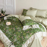 Qfdian  Vintage French-style Flowers Print Lace Bedding Set 1000TC Egyptian Cotton Duvet Cover Flat Bed Sheet Pillowcases 4Pcs