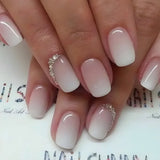 Qfdian 24Pcs Gradient Short Ballet Nails Set with Glue White Simple False Nails Coffin Fake Nail Press on Nails Full Cover Nail Tips