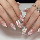 Qfdian  24pcs Nude Pink Almond False Nails Glossy Bowkots Decor Press On Nails Full Cover Short Round Sweet Korean Style Fake Nail Tips