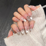 Qfdian 10Pcs Aurora Handmade False Nails with Jelly Glue Long Almond Fake Nail Art Shell Design Press on Nails Full Cover Manicure Tips