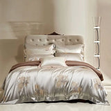 Qfdian Flower Jacquard Color Blocking Luxury Bedding Set Lyocell Cotton Soft Silky Duvet Cover Flat/Fitted Bed Sheet Pillowcases 4Pcs