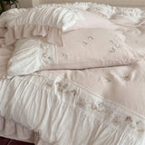 Qfdian  Flowers Embroidery Pleated Ruffles Bedding Set Double Layer Crepe Yarn 100% Cotton Duvet Cover Flat Sheet Pillowcase 4Pcs