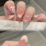 Qfdian  10Pcs White French Pink Heart Diamond Manicure Art Gentle Sweet Short Oval Artificial Wearing Nails Patch Full Cover Press Ons