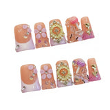 Qfdian  10Pcs Sweet Cool Pink Flower Design Fake Nails Duckbilled French Handmade Press on Nails Heavy Metal European False Nail Tips