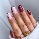 Qfdian  24pcs Mid-length Almond Fake Nail Art Wine Red French Nails Tips Bow Polka Dot Design False Nail Set Sweet Cherry Press on Nails