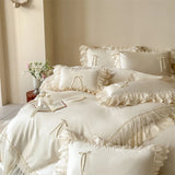 Qfdian  Vintage French Lace Ruffles Bow Bedding Set 60S Lyocell Cotton Soft Silky Duvet Cover Set Flat Bed Sheet Pillowcases 4Pcs