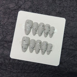 Qfdian 10 Pcs Handmade Press On Nails Long Almond Gray Matte Luxury Pearl Decor Wearable Artificial Full Cover Fake Nails y2k