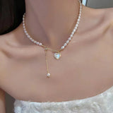 Korean Pearl Chain Choker Necklace for Women Girls Trend Jewelry Heart Tassel Pendant Necklace Bridal Engagement Gift