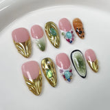 Qfdian  Opulent Press On Nails Pink Base Gold Feather Gem Decoration Gemstone Pearl Multiple Sizes Luxury Gold Feather Retro