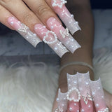 Qfdian  24Pcs Long Coffin False Nails Pink French Flowers Design Fake Nail with Butterfly Rhinestone Wearable Ballet Press on Nails