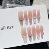 Qfdian  10pcs Handmade Pink Bow Pearl Fake Nails Sweet Shiny French Press on Nails for Lady Girl Wearable Korean Girl Fake Nail Tips