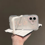 Qfdian Pink Bow Moon Stars Bracket Phone Case For iPhone 16 Pro Max 15 14 13 12 11 Clear Shokcproof Back Cover With Folded Holder Stand