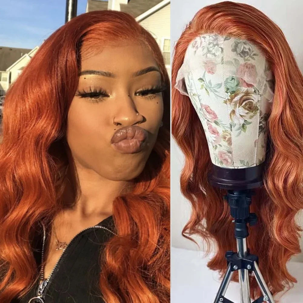 Qfdian 13X4 Lace Front Ginger Orange Wigs for Women Synthetic Frontal Wig Glueless Loose Curly Wavy Hair Daily Party Cosplay