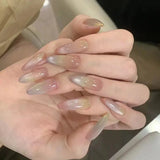 Qfdian  24pcs Rainbow Glass Beads Press On Nails Flash Colorful Cat's Eye Sweet Almond False Nails Spring Summer Clear Fake Nail Wearabl