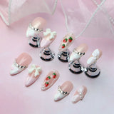 Qfdian 10Pcs Cute Handmade Press on Nails Full Cover French Bowtie Design Almond False Nails Strawberry Manicure Wearable Nail Tips Art