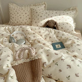 Qfdian  Ins Bedding Set Princess Floral Lace Simple 4pcs Bedding for Girls Woman Quilt Cover Sheet And Pillowcase Spring Home Textiles
