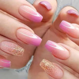 Qfdian 24Pcs Gradient Short Ballet Nails Set with Glue White Simple False Nails Coffin Fake Nail Press on Nails Full Cover Nail Tips