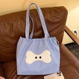 Qfdian Sweet Y2k Aesthetic Kawaii Plaid Shoulder Bags All Match Women Drawstring Casual Handbags New Fashion Grunge Canvas Underarm Bag