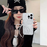 Qfdian Simple white bow phone case stand holder cover for iphone 13 15promax 13pro 15 pro max 11 14 12  ins transparent bracelet capa