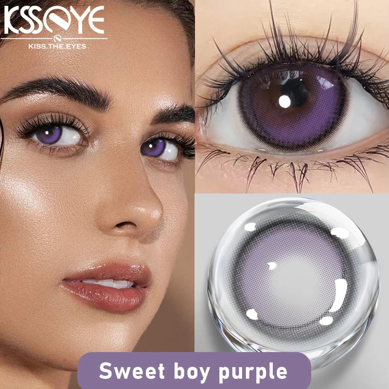 Qfdian 2Pcs Best Selling Color Contacts Lenses Myopia Degree -0.00 to -8.00 Purple Series Soft Lens Contact Lenses with Natural