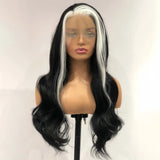 Qfdian Black White Highlight Wig Synthetic Lace Front Wig Long Curly Natural Wavy Colored Body Wave 13X4 Lace Frontal Wigs for Women