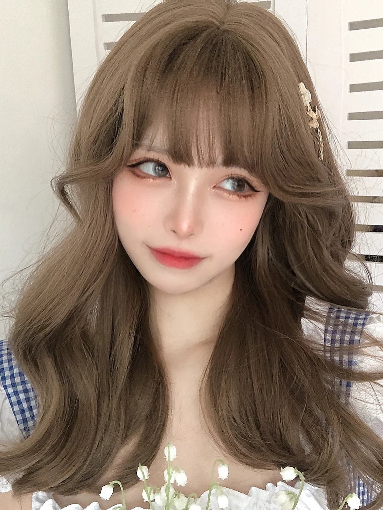 Qfdian 20Inch Honey Brown Lolita Synthetic Wigs with Bangs Long Natural Wavy Hair Wig for Women Daily Use Cosplay Drag Heat Resistant