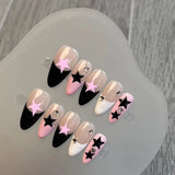 Qfdian Handmade Y2k Star False Nails Black Pink Almond Press On Nails Wearable Fake Nails Nail Art Tips Reusable Artificial Manicuree A