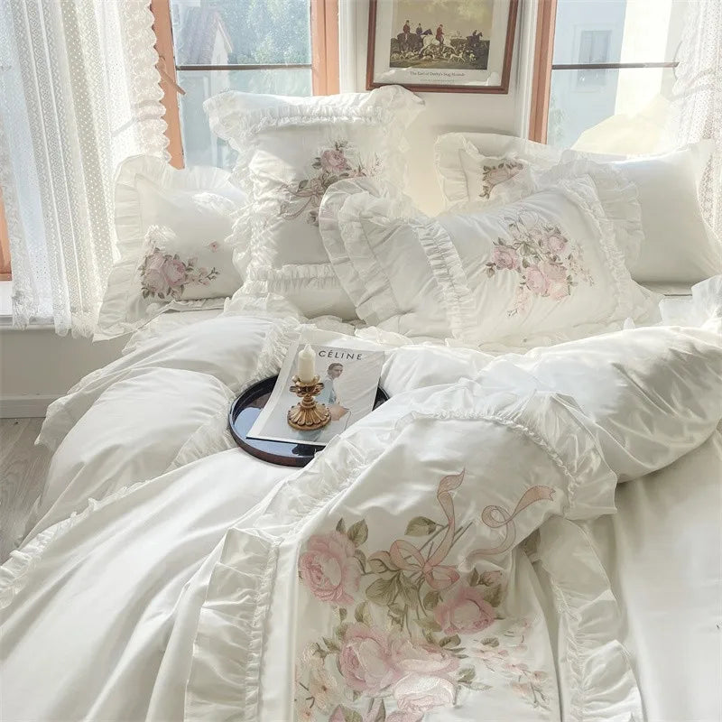 Premium Long Staple Cotton French Chic White Patchwork Embroidery Bedding Set Double Duvet Cover Flat/Fitted Sheet Pillowcases