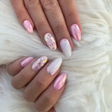 Qfdian 24Pcs Simple False Nails with Glue Short Almond Fake Nails Glitter Aurora Round Head Full Cover Nail Tips Oval Press on Nails