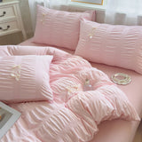 Qfdian  Korean Princess Style Pink Sweet Seersucker Bedding Set Soft Skin-friendly Duvet Cover Set Bed Sheet and Pillowcases 3/4pcs