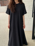 Qfdian  Summer Fashion Versatile Casual Women Short Sleeved T-shirt Dress Lazy Style Round Neck Solid Color Loose Fitting Women's Dress