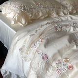 Qfdian 800TC Lyocell Bamboo Fiber Soft Silky Bedding Set Rose Floral Embroidery Lace Ruffles Duvet Cover Flat/Fitted Sheet Pillowcases