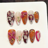 Qfdian  10Pcs Handmade Fake Nails With 3D Carved Petals Decor Almond Press on Nails Manicure Tool For Woman Detachable False Nails