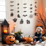 Qfdian  Glitter Black Halloween Garland - Huge, Pack of 10 Halloween Party Decor Garland with Ghost, Witch, Skull, Raven, Pumpkin and