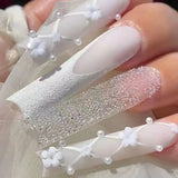 Qfdian  24Pcs Long Coffin False Nails Pink French Flowers Design Fake Nail with Butterfly Rhinestone Wearable Ballet Press on Nails