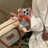 Qfdian Retro Glacier Texture Blue Orange Smudging Color Contrast Shiny Surface Dazzling Cover Case for iPhone 13 14 15 16 17 Pro Max