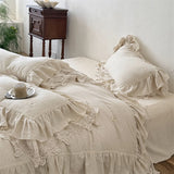 Qfdian 20% Linen And 80% Cotton Double Layer Lace Ruffles Vintage French Bedding Set Duvet Cover Flat/Fitted Bed Sheet Pillowcases 4Pcs