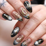 Qfdian  24pcs Smudging Blue False Nails Gentle Almond Gold Star Patterns Press On Nails Romantic Wearable Fake Nail Spicy Girl Manicure