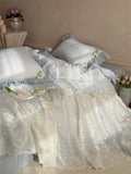 Qfdian French Lace Ruffles Princess Wedding Bedding Set Pure Cotton Double Layer Yarn Soft Duvet Cover Flat/Fitted Bed Sheet Pillowcase
