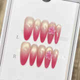 Qfdian  10pcs Handmade Long Almond Press on Nails Gradient French Cat Eye False Nails Pink Flower Design Fake Nails for Women Wearable