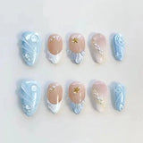Qfdian  24pcs Pink Spring Summer Nail Art French Edge Fake Nails Sweet Pearl Star Shell False Nails 3D Flower Press on Nails Almond Nail