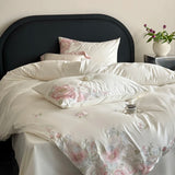 Qfdian Flowers Embroidery Luxury Bedding Set Egyptian Cotton Single Queen King Size Duvet Cover Flat/Fitted Bed Sheet Pillowcases 3/4Pc