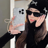 Qfdian Simple white bow phone case stand holder cover for iphone 13 15promax 13pro 15 pro max 11 14 12  ins transparent bracelet capa