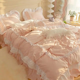 Qfdian  INS Korean Princess Bedding Kawaii Ruffle Lace Bed Skirt Duvet Cover Solid Color Queen Size For Girls Woman Home Textiles